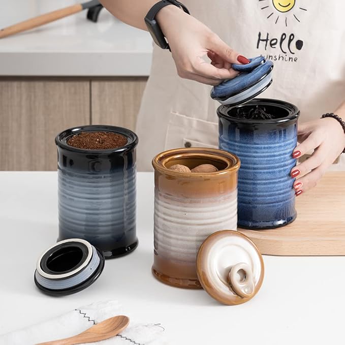 Nihow Food Storage Jar Sets: Ceramic Container with Air Tight Lid for Flour/Sugar/Rice/Coffee/Cookies/Candy - Seal Damp-proof Canister for The Kitchen - Set of 3 （Blue & Black）-Ruum Studio Home