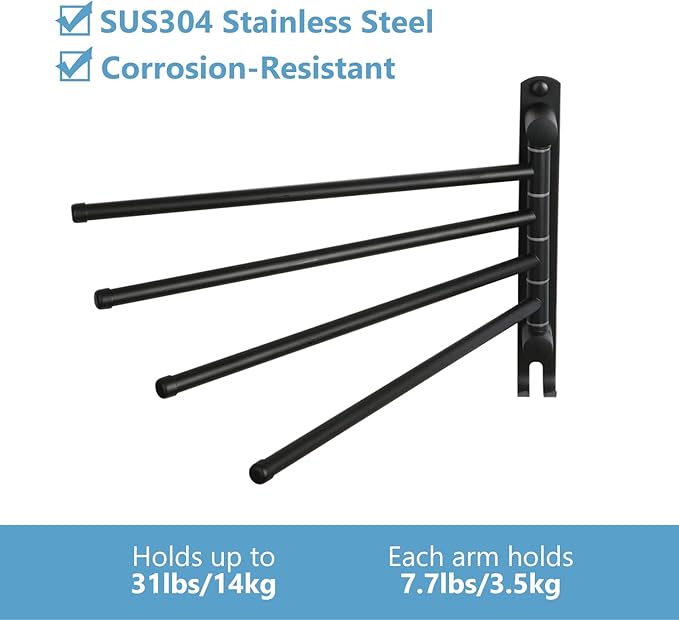 Black Towel Rack JSVER Swivel Towel Rack Wall Mounted, SUS304 Stainless Steel Towel Bar, 4 Arms Space Saving Towel Holder, Towel Racks for Bathroom-Ruum Studio Home