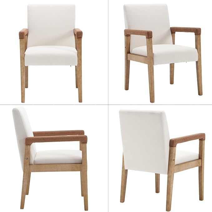 Kmax Modern Dining Chairs Set of 2 Linen Fabric Kitchen Arm Chairs Upholstered Accent Chairs with Wooden Legs for Dining Room, Living Room, Bedroom, White-Ruum Studio Home