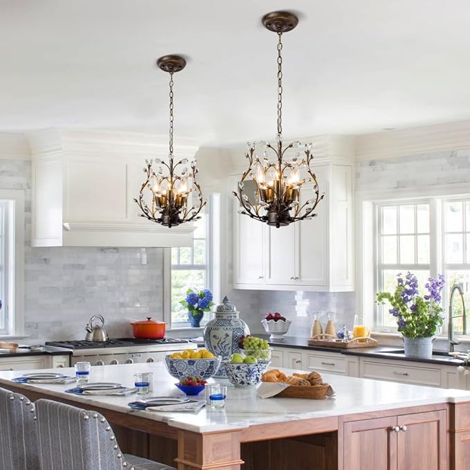 5-Light Vintage Crystal Branch Chandelier Farmhouse Hanging Pendant Light Fixtures for Living Room Dining Room Foyer Kitchen Island Hallway, Aged Bronze-Ruum Studio Home