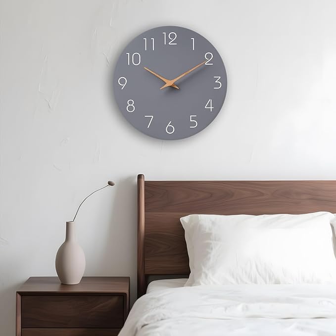 Mosewa Wall Clock 8 Inch Gray Battery Operated Silent Non Ticking Simple Modern Wood Clock Decorative for Bedroom Living Room Kitchen Home Bathroom Office-Ruum Studio Home