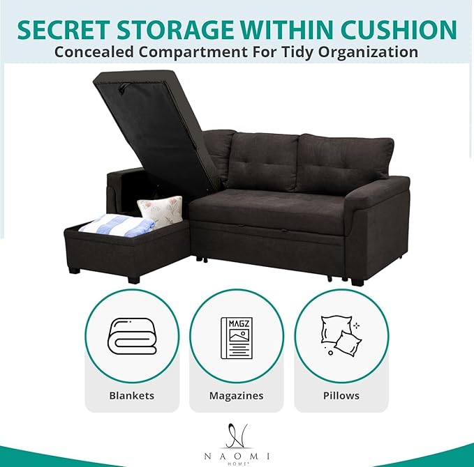 Naomi Home L-Shaped Reversible Sectional Sofa with Pull-Out Sleeper Bed and Storage Chaise, Espresso Velvet-Ruum Studio Home