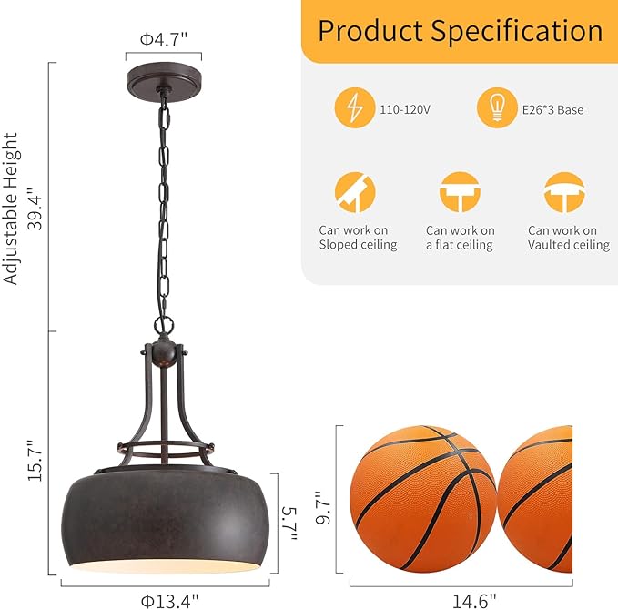 WUZUPS Chandelier Rustic Farmhouse Industrial Round Ceiling Pendant LED Light Fixture with Open Bottom Drum Shade, H 15.7" x W 13.4", Distressed Rust-Ruum Studio Home