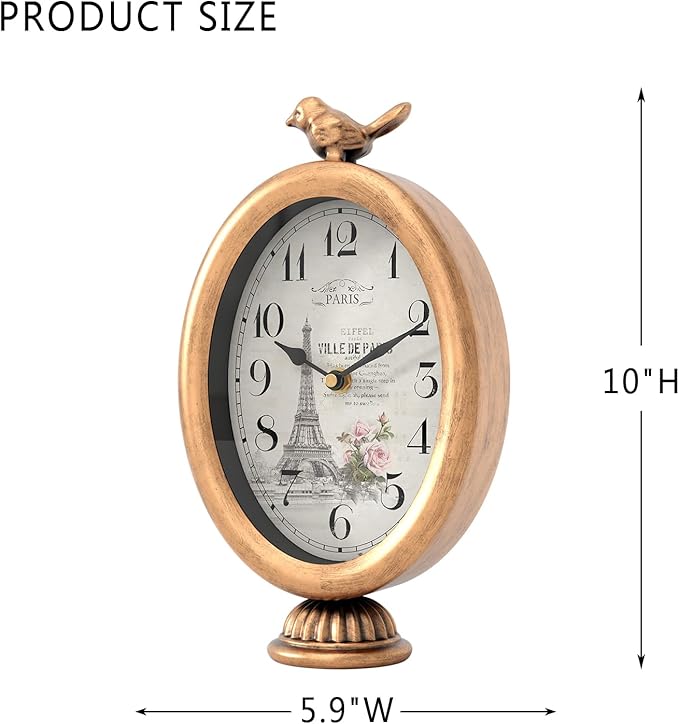 Vintage Table Clock with Bird, Desk and Shelf Decor Clock, French Paris Style, Antique Gold Metal Mantel Clocks for Living Room, Farmhouse, Bedroom, Bedside, Gift (10" H x 5.9" W)-Ruum Studio Home