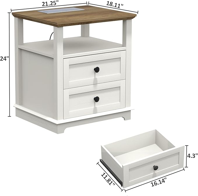HIFYOBRO Large End Table Set of 2, Flip Top Charging Station and 2 Drawers, Type-C & USB Port & Power outlets, Wooden Storage Cabinet, Side Table with Storage for Living Room and Bedroom (White)-Ruum Studio Home