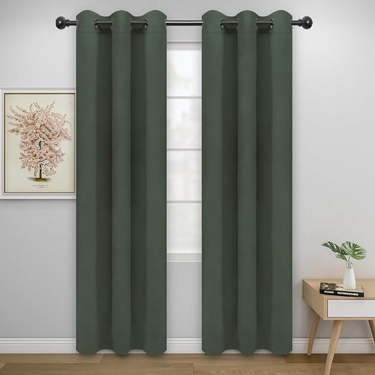 Easy-Going Blackout Curtains for Bedroom, Solid Thermal Insulated Grommet and Noise Reduction Window Drapes, Room Darkening Curtains for Living Room, 2 Panels (34x72 in, Greyish Green)-Ruum Studio Home