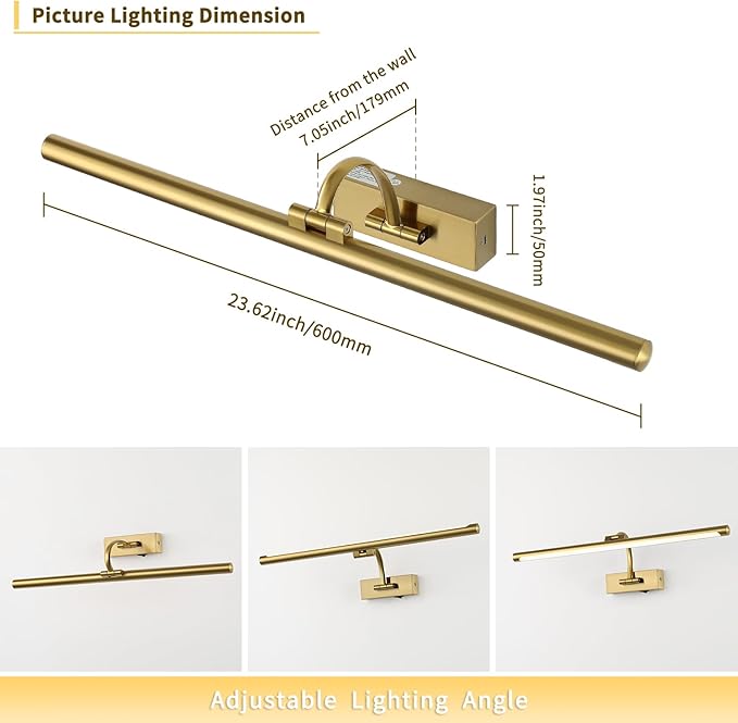 Wireless Picture Lights with Remote and Timer Rechargeable Brass Gallery Lighting Battery Operated Art Lights Over Frame Portrait 5W 24'' Inch Warm White-Ruum Studio Home