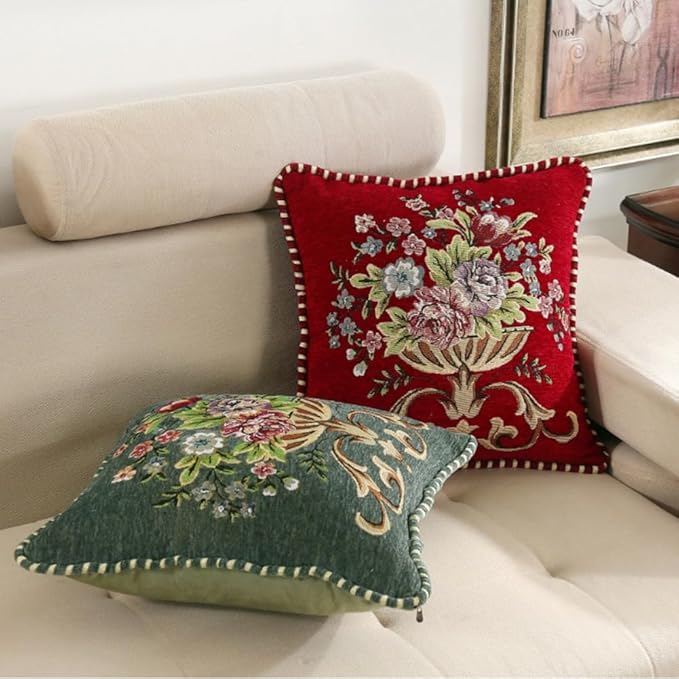 Set of 2 Beige Vintage Throw Pillows Covers 18x18in，Floral Embroidered Cushion Cover for Sofa Bedroom，Euro Sham Covers Retro Home Decor Pillows Covers-Ruum Studio Home