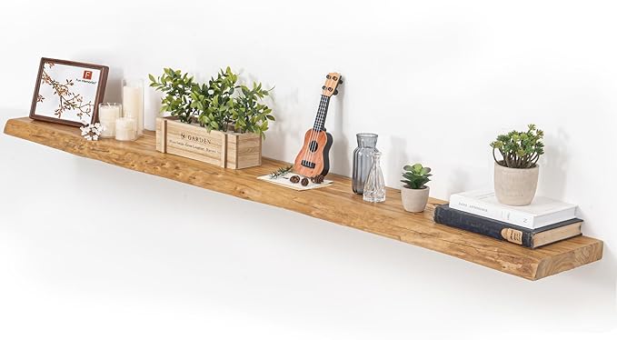 Floating Shelves for Wall, 72"x9.3" Rustic Solid Live-Edge Elm Wood Wall Shelves, Heavy-Duty Floating Shelves with Invisible Brackets for Living Room, Bedroom, and Kitchen, Natural Finish-Ruum Studio Home