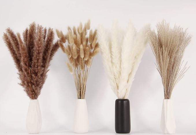 Dried Pampas Grass Decor, 100 Stems Pampas Grass Contains Bunny Tails Dried Flowers, Reed Grass Bouquet for Wedding Boho Flowers Home Table Decor, Rustic Farmhouse Party (17", White and Brown)-Ruum Studio Home