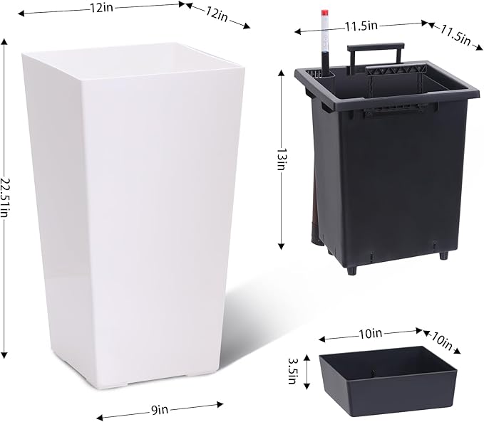 22.5" Tall Planters Set of 2, Outdoor＆Indoor Black Planter Pots, High Front Porch Planter Pots with Drainage Holes＆Water Level Monitor＆Inner Bucket, Automatic Watering, White-Ruum Studio Home