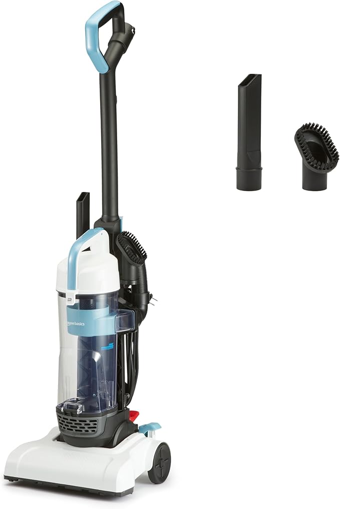Amazon Basics Upright Bagless Vacuum Cleaner for Carpet and Hard Floors, With Crevice and Upholstery Tools, Detachable Handle, Lightweight (8.4 lbs), 1.7L Dust Cup, 720W, 25ft Cord, Black/White-Ruum Studio Home