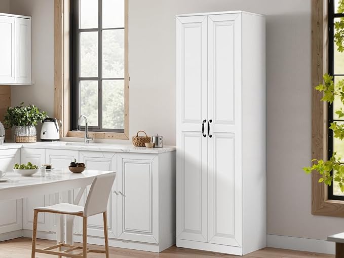 Storage Cabinet/Pantry cabinets, Soft White Finish, 71" Tall Wood Cupboard with 2 Door and 3 Adjustable Shelves for Kitchen, Dining Room, Living Room, Bathroom (Style 1)-Ruum Studio Home
