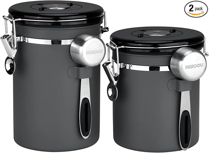 HAIOOU Airtight Coffee Canister, 22OZ +16OZ 2 Piece Stainless Steel Coffee Bean Storage Container with Date Tracker, Measuring Scoop, 6Pcs CO2 Valves, Mini Tongs for Coffee Bean, Grounds - Grey-Ruum Studio Home