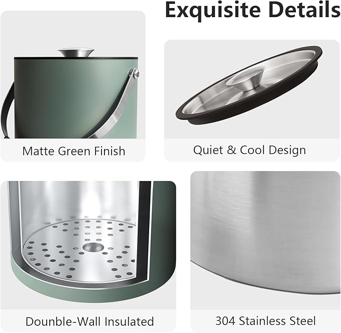 3L Ice Bucket with Silicone Lid, Scoop, Tongs & Strainer, Stainless Steel Double Wall Insulated Ice Buckets for Parties & Cocktail Bar, Outdoor Champagne Ice Container Bin, Dusty Green-Ruum Studio Home