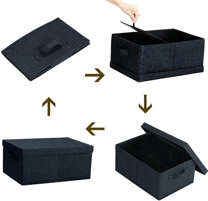 HOONEX Linen Foldable Storage Bins with Lids, 2 Pack, Storage Boxes with Carrying Handles and Sturdy Heavy Cardboard, 16.5" L x 11.8" W x 7.5" H for Shoes, Books, Clothes, Nursery, Dark Grey-Ruum Studio Home
