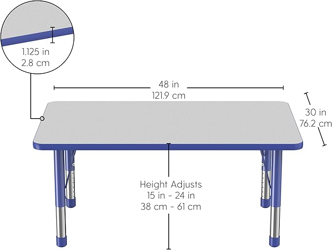 FDP Rectangle Activity School and Classroom Kids Table (30 x 48 inch), Chunky Toddler Legs, Adjustable Height 15-24 inches - Gray Top and Blue Edge-Ruum Studio Home