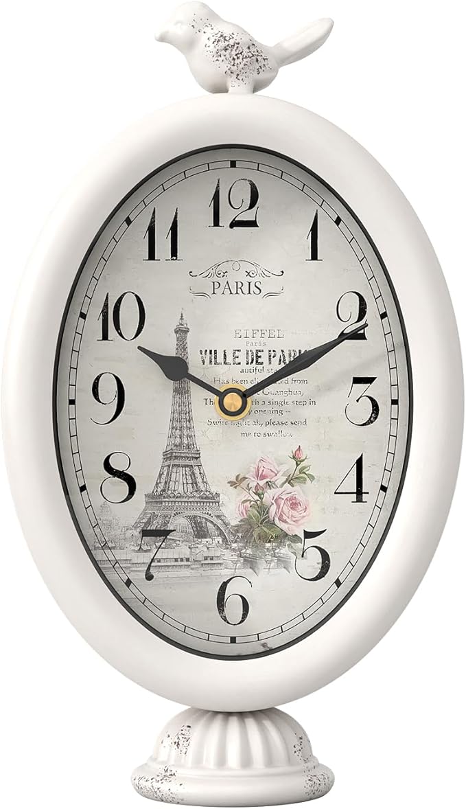 Vintage Table Clock with Bird, Desk and Shelf Decor Clock, French Paris Style, Antique White Metal Mantel Clocks for Living Room, Farmhouse, Bedroom, Bedside, Gift (10" H x 5.9" W)-Ruum Studio Home