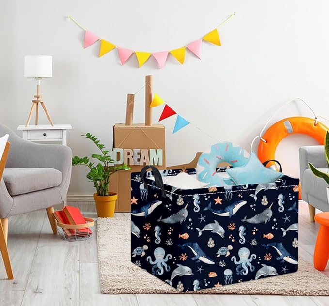 HIYAGON Rectangular Ocean Basket Kids Baby Storage Bin Toy Organizer Box for Boys Under the Sea Nursery Decor(Ocean)-Ruum Studio Home