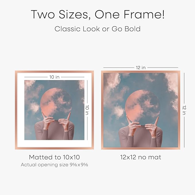 Homeforia 12x12 Picture Frame Rose Gold, High End Metal 12 x 12 Square Poster Frame with Mat 10 x 10 Photo, 12x12 Frame Matted to 10x10 Print, 12by12 Hanging Frames, Tempered Glass, Wall Kit, Set of 1-Ruum Studio Home