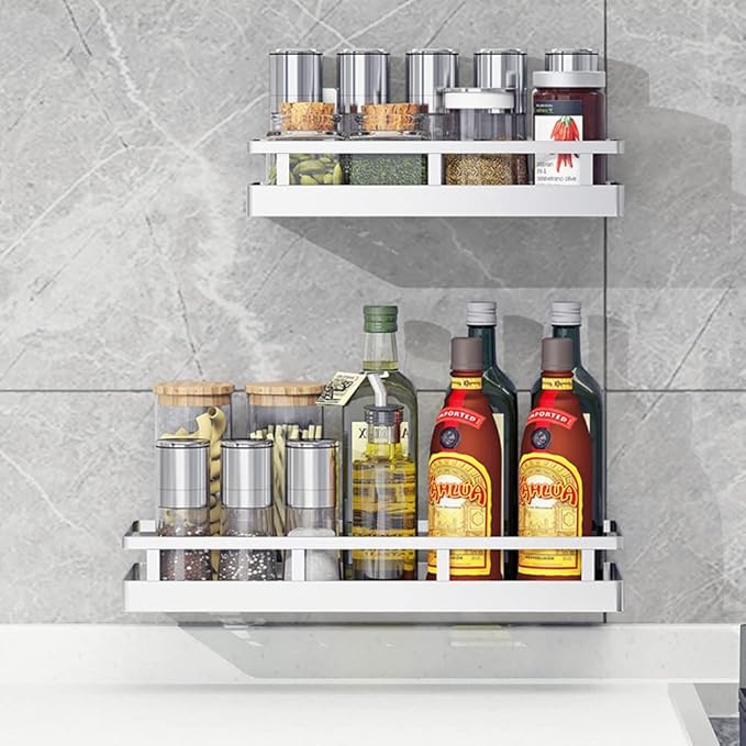 Spice Rack Organizer, SUS304 Stainless steel Wall Mount Spice Rack Storage Basket - Seasoning Container, Kitchen Spice Organizer -Kitchen Seasoning Hanging Rack - Bathroom Shelf (Silver)-Ruum Studio Home