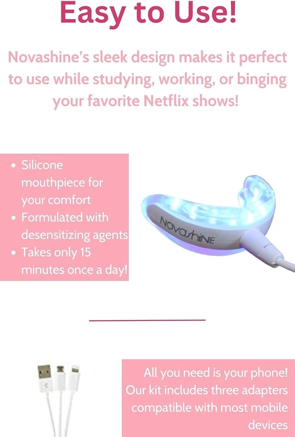Novashine Professional Teeth Whitening Kit: Advanced Blue LED Light, Concentrated Peroxide Gel, Smartphone Adapter, Travel Bag-Ruum Studio Home
