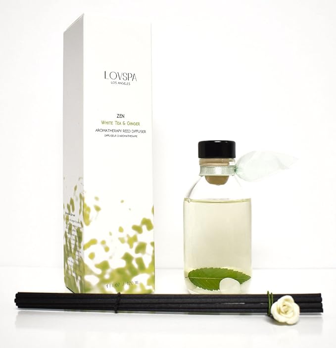 LOVSPA Reed Diffuser Set, Zen White Tea & Ginger Scented Oil Diffuser with Sticks, Home Fragrance Accessories for Bathroom Shelf Decor, Aroma Diffusers for Home or Office Desk, USA Made-Ruum Studio Home