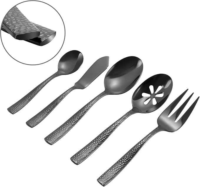 Stainless Steel Silverware Serving Set Hammered Black Mirror Finished 5 Piece Serving Utensil Set Flatware Set-Ruum Studio Home
