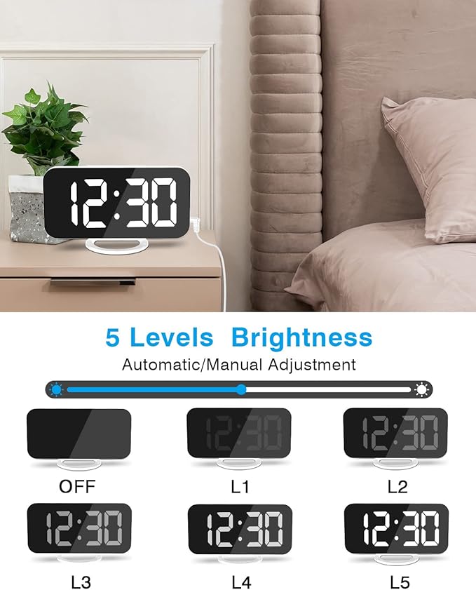 SZELAM Digital Alarm Clock,LED RGB Colorful Clocks,with Mirror Surface Large Display,2 USB Charger Ports,Auto Dimming,Modern Desk Clock for Bedroom Home Office Decor- White-Ruum Studio Home