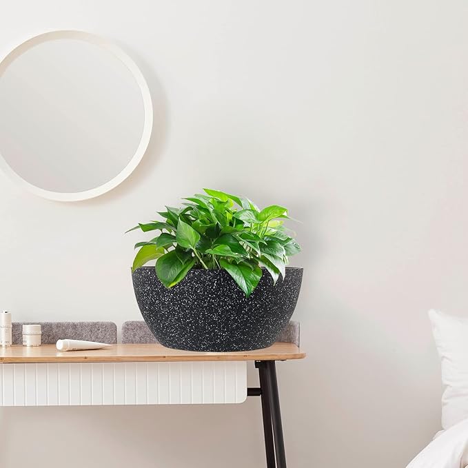 13 inch Large Hanging Planters Plant Pots for Outdoor Indoor Plants with Drainage Holes and Chain, 2 Pack Round Hanging Flower Pots for Garden Home Porch Decor, Speckled Black-Ruum Studio Home