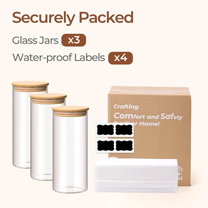 ComSaf 1.7 Qt Glass Storage Containers with Lids, Glass Jars with Lids, Clear Food Storage Jar, Round Canister Set of 3, Pantry Organizers for Pasta Flour Cookie Rice Tea Coffee Bean-Ruum Studio Home