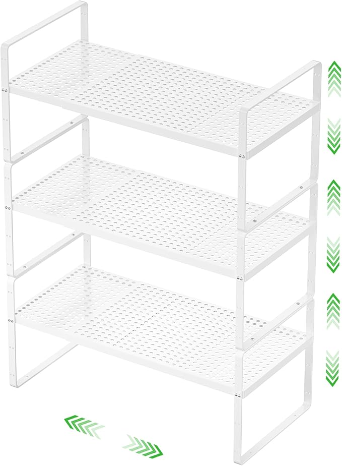 Expandable Cabinet Storage Shelf Stackable Organizer Rack for Kitchen Bathroom Pantry Spice Cupboard Coffee Countertop Home Office Desk Heavy Duty Nonslip White Large 3 Packs-Ruum Studio Home