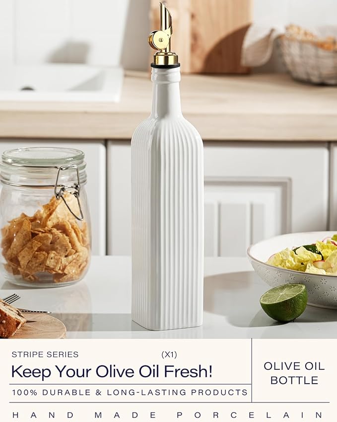 getstar 18 oz Olive Oil Dispenser Bottle for Kitchen, Ceramic Oil Bottle with Automatic Stainless Steel Pourer (Golden Pourer)-Ruum Studio Home