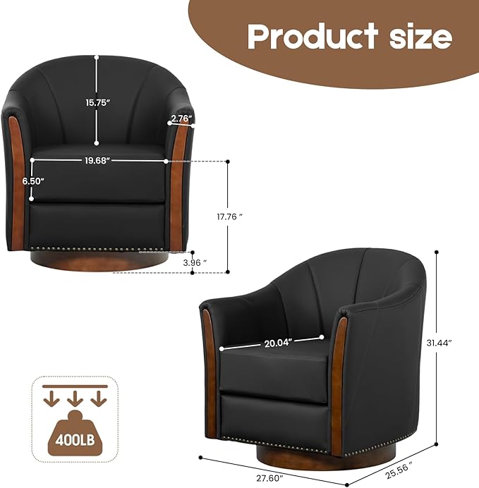 360° Swivel Accent Chair, Modern Leather Barrel Club Chair with PU Leather Upholstery and Sturdy Wood Base, Comfortable Armchair for Living Room, Bedroom, Reading Nook, Black-Ruum Studio Home