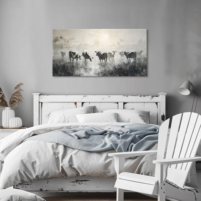 LASMOND Black and White Cow Wall Art for Living Room Ink Wash Canvas Painting Prints Morning Cattle Vintage Country Farmhouse Artwork Bedroom Office Decor (40x20 Inches)-Ruum Studio Home