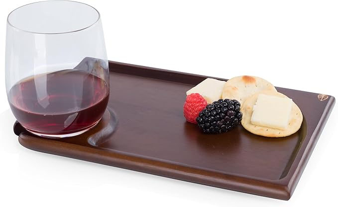 PICNIC TIME Rectangle Wine Appetizer Plates Set of 4, Cocktail Plate with Glass Holder, Cheese Board with Wine Holder, (Stained Parawood)-Ruum Studio Home