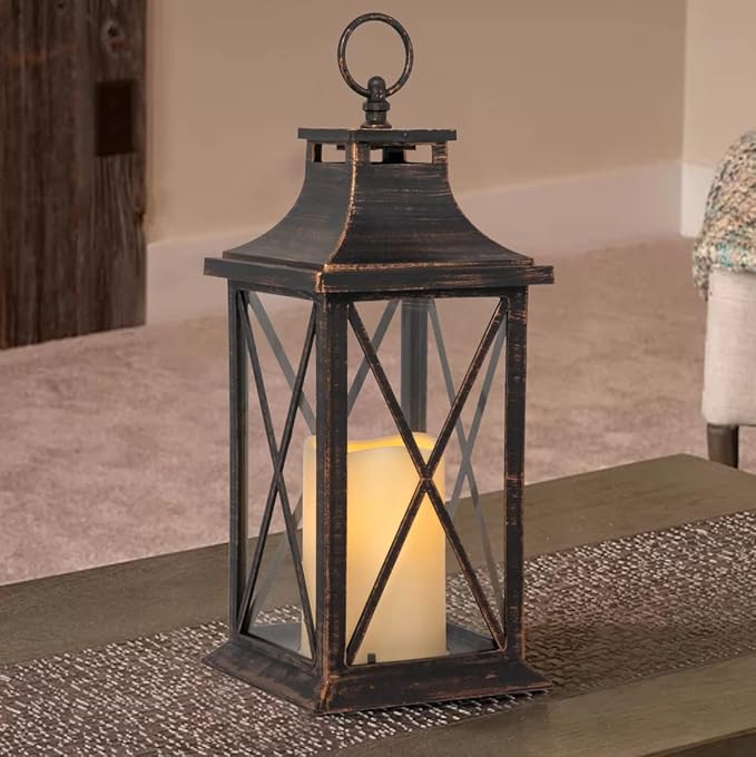 YAKii 14" Decorative Candle Lantern LED Flameless Candle Timer, Plastic LED Candle & Holder, Indoor & Outdoor Hanging Lights,Christmas Day Decoration (Antique Copper Brushed 2 PCS)-Ruum Studio Home