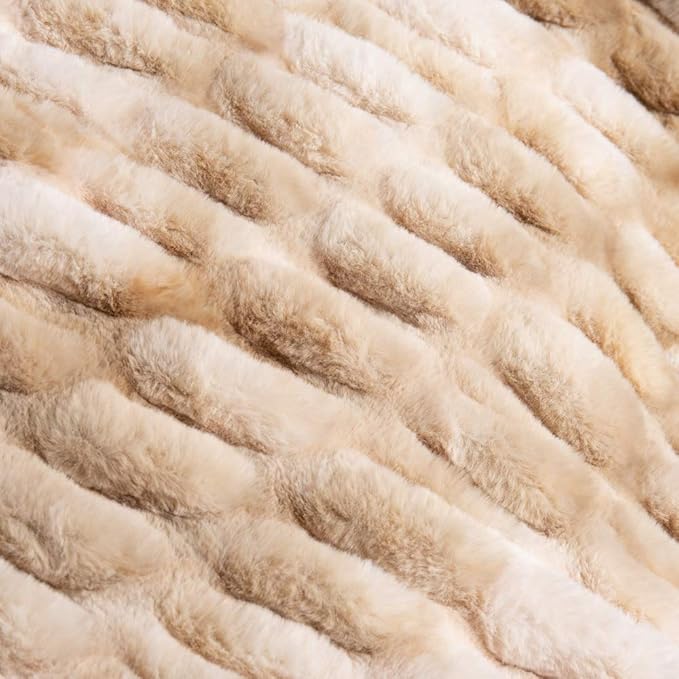 BATTILO HOME Ruched Luxury Faux Fur Throw Blanket Beige Tie-dye Rabbit Fur Blanket for Couch, Living Room, Fuzzy, Soft, Plush, Cozy, Elegant with Reversible Mink Blanket Beige, 60"x80"-Ruum Studio Home