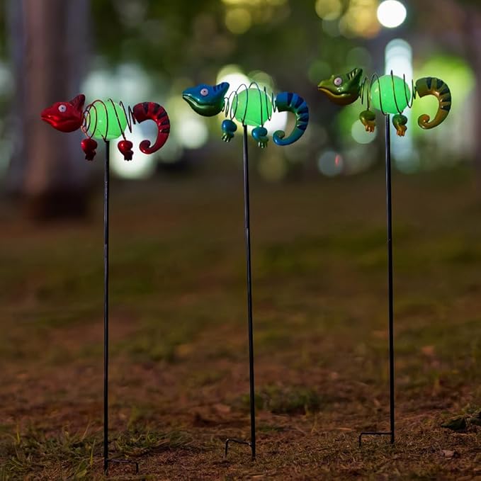 3 Pack Garden Stakes Decorative,Cute Chameleons Glow in The Dark Metal Garden Decor,Waterproof Metal Yard Art Decor for Outside,Funny Present for Mom Women Grandma-Ruum Studio Home