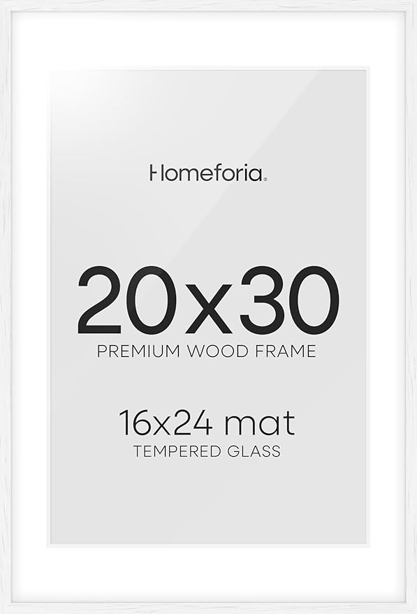 Homeforia White 20 x 30 Frame, High End Oak 20 x 30 White Wood Poster Frames with Mat 16 by 24 Photo, 20x30 Wooden Picture Frame Matted to 16x24, 30x20 Large Frames, Tempered Glass, Wall Kit, Set of 1-Ruum Studio Home