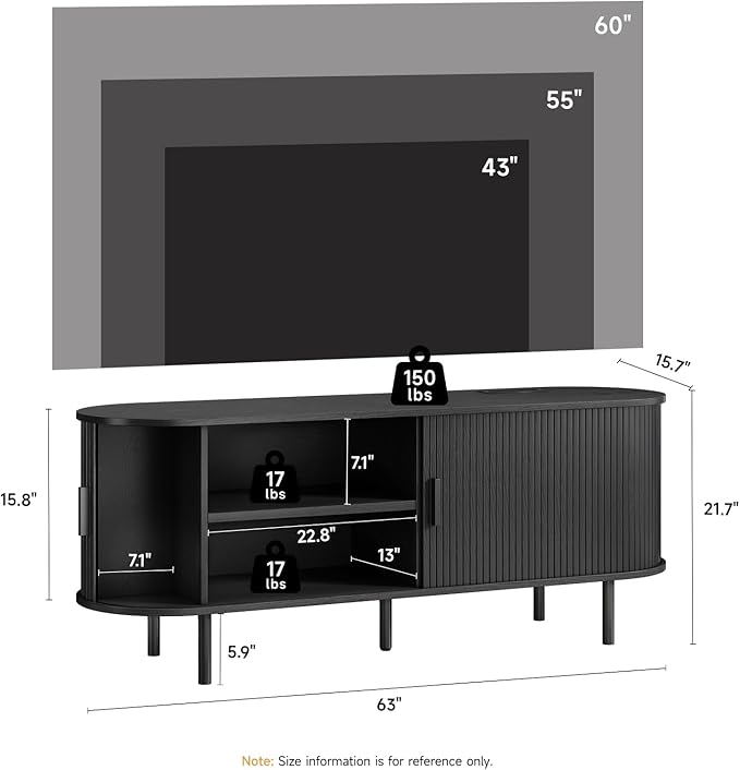 63" TV Stand with Power Outlet, Modern Media Console with Sliding Doors, Entertainment Center for TVs up to 60 Inch, Adjustable Shelves, Black-Ruum Studio Home