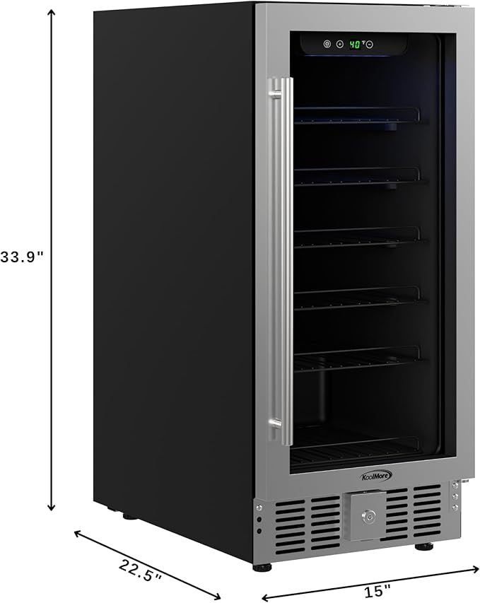 KoolMore 15” Inch Small Built-In Refrigerator and Beverage Cooler for Soda Cans, Beer Cans, Food and Fresh Snacks, 5 Wire Shelves, Adjustable Temperature Range (KM-BIR3C-GD), Stainless Steel-Ruum Studio Home