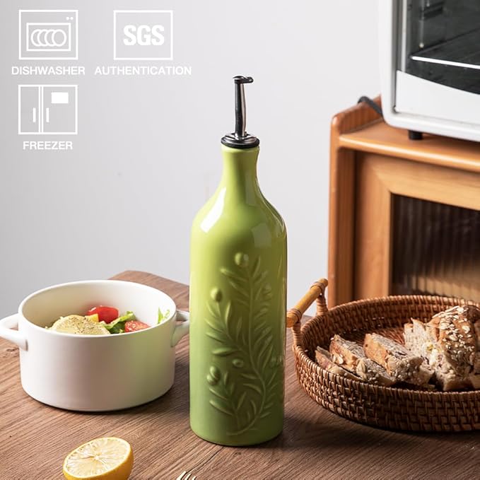 Sweejar Large Olive Oil Dispenser Bottle with Spout, 24 Oz Ceramic Oil Dispenser for Kitchen, Relief Opaque Oil Cruet, Oil Container for Cooking, EVOO, Avocado Oil, Vinegar, Pack of 1(Gradient Green)-Ruum Studio Home