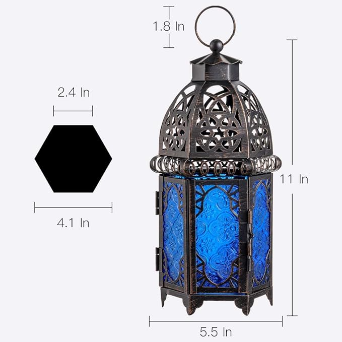 NEEDOMO Hanging Moroccan Lantern, 12.8'' Vintage Candle Holder, Metal Lanterns Decorative Indoor Outdoor, Table, Patio, Porch, Shelf, Gothic Home Decor (Blue, Large Size)-Ruum Studio Home