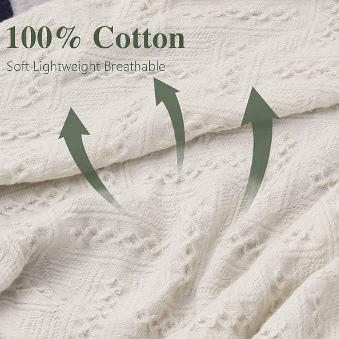 Simple&Opulence 100% Cotton Throw Blanket for Bed, Couch, Boho Luxury Geometric Knit Woven Blanket with Tassels Soft Lightweight Cozy Breathable, Vintage Farmhouse Decoration for All-Season(White)-Ruum Studio Home