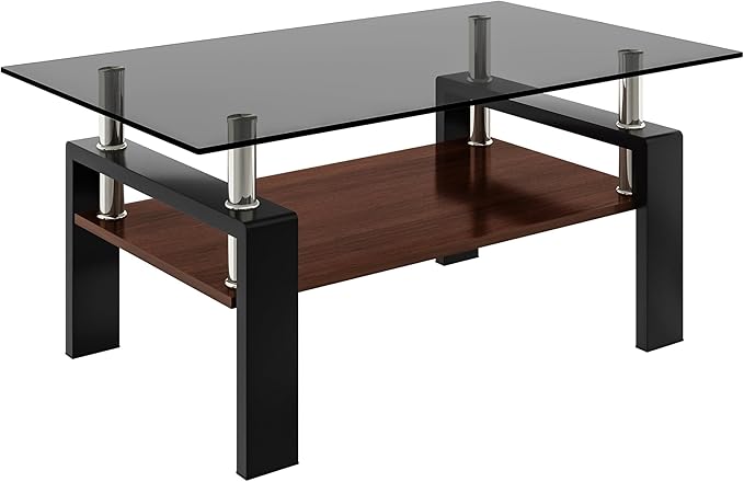 Glass Coffee Table Rectangle Living Room Center Table, with Gray Tempered Glass Tabletop and Brown MDF Layer,for Living Room and Office, Gray+Brown-Ruum Studio Home