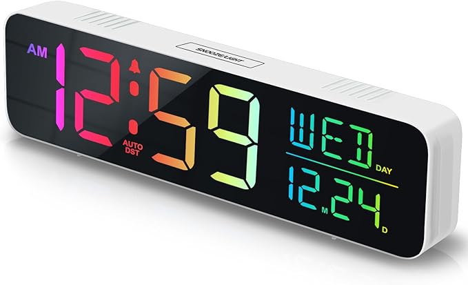 Peakeep Large Display Digital Alarm Clock for Bedrooms, Date Day of Week Temp Desk Table Clocks for Living Room Office, Dimmable Plug in Electric Clock, 5 Volumes, Loud, Auto DST-Ruum Studio Home