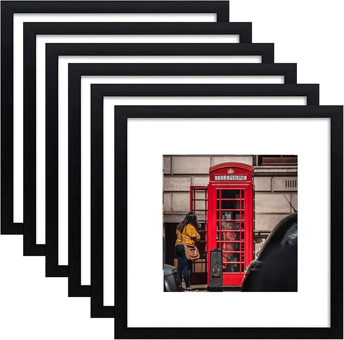 12x12 Picture Frame Set of 6, Display Pictures 8x8 with Mat or 12x12 Without Mat for Wall Mounting,Black-Ruum Studio Home
