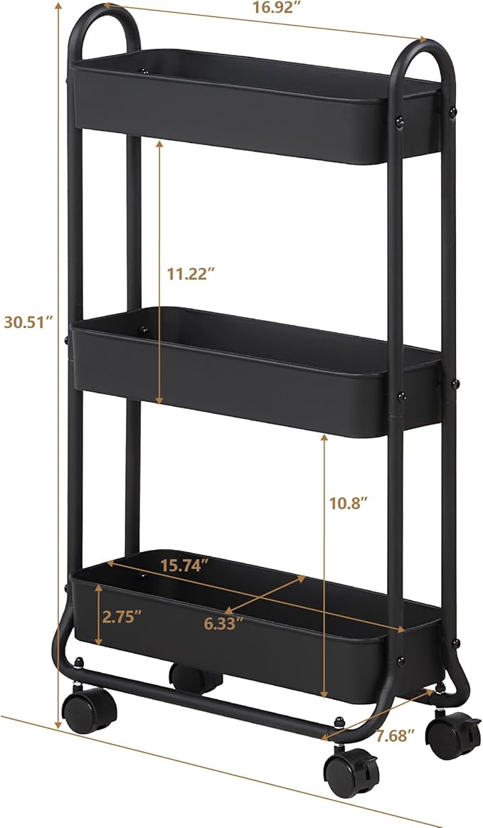 SunnyPoint Slim Rolling Storage Cart, 3 Tier Bathroom Storage Organizer Bathroom, Laundry Utility Cart (Black)-Ruum Studio Home
