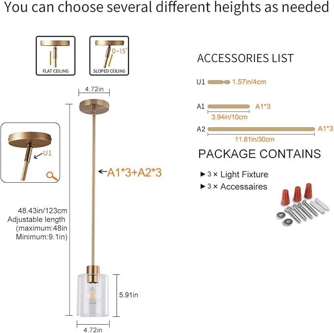 Brass Pendant Lights Kitchen Island - Gold Clear Glass Pendant Light Fixture Multiple Stems Rods 3 Units 12 Inch 3 Units 4 Inch (3 Pack Brass)-Ruum Studio Home